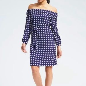 Banana Republic navy gingham off shoulder belted long sleeve dress